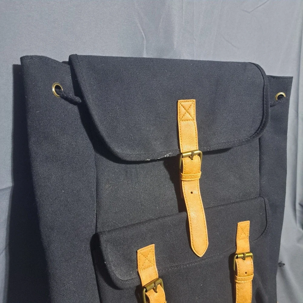 DSW‎ Black Canvas Backpack Faux Leather Trim Buckle Detail Pockets VGUC